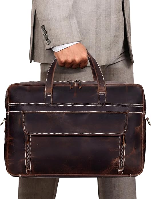 HLC 18 Inch Full Grain Leather Briefcase messenger shoulder bags for men and women