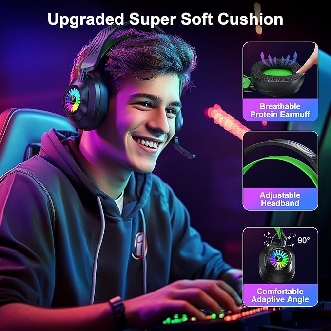 HW10 Wireless Gaming Headset for PS5,PS4,PC,2.4GHz Bluetooth Gaming Headphones with Noise Cancelling Microphone,50Hr Battery Gamer Headset for Switch, Laptop,Mobile,Mac,Cool RGB (Black/Green)