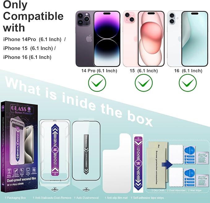 2 Pack Screen Protector Tempered Glass for iPhone 16 for iPhone 15 for iPhone 14 Pro 6.1-Inch Auto Dust Removal, No Bubbles, High Definition Clear, Easy Installation
