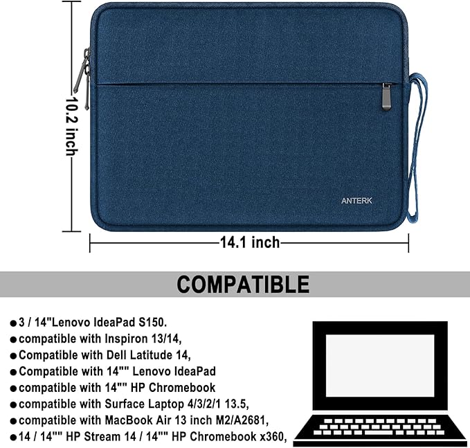 Laptop Sleeve Case 14 Inch, Water Resistant Traveling Computer Cover with Handle, Shockproof Protective Carrying Laptop Bag Compatible for 14 Inch MacBook Air/Pro, HP, Dell, Lenovo, Blue