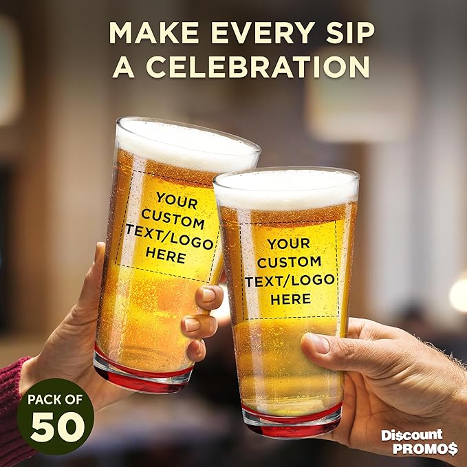 Custom Casale Pint Glass 16 oz. Set of 50, Personalized Bulk Pack - Beer Glasses, Heavy Duty Drinkware - Red