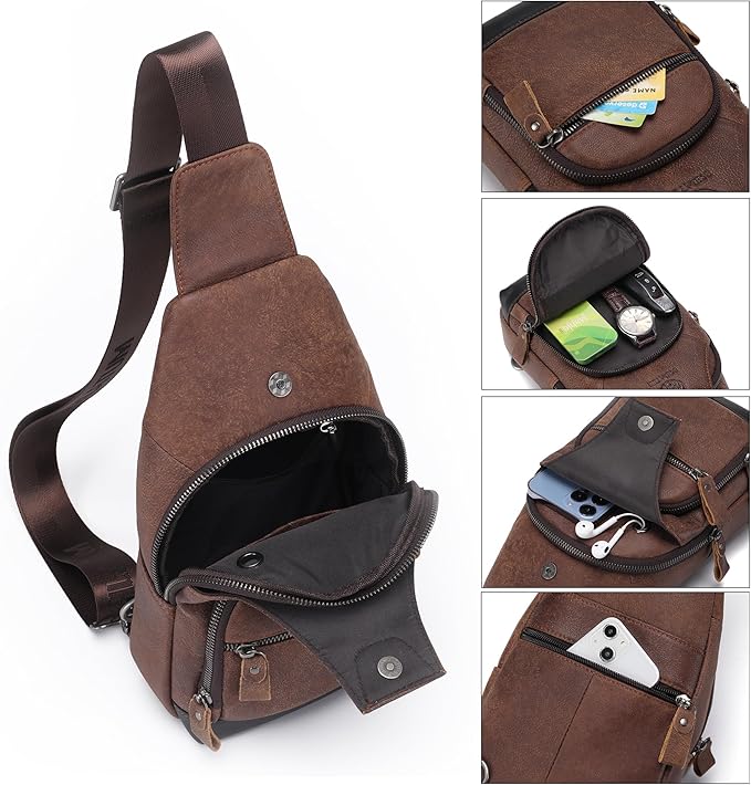 LUKZIJAES Genuine Leather Sling Bag for Men Crossbody Bags Man Shoulder Chest Pack Hiking Casual Daypack Outdoor Travel Backpack (#1-Coffee)