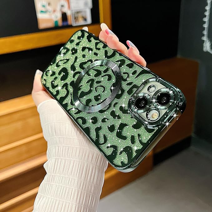 for iPhone 15 Case Magnetic,Soft Cute Luxury Leopard Cheetah Pattern Plating Glitter Bling Phone Case Compatible with MagSafe Clear Shockproof Back Cover for Women Girl 6.1"-Green