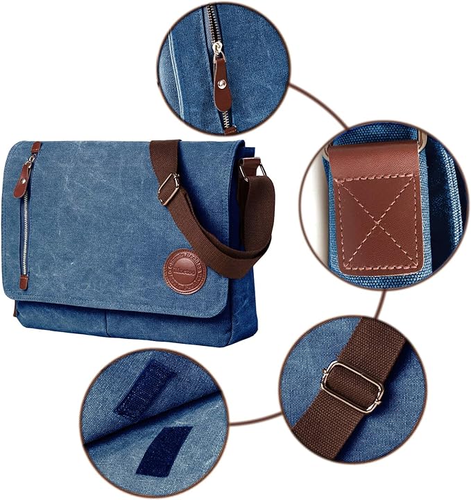 Vintage Canvas Satchel Messenger Bag for Men Women,Travel Shoulder bag 13.5" Laptop Bags Bookbag (Blue)