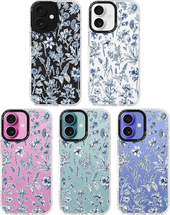 for iPhone 16 Case, Vintage Botanical Pattern with Blue Flowers, Military-Grade Drop Protection, Cute Soft Slim TPU Protective Cover with Camera Lens Protection for Women & Girls