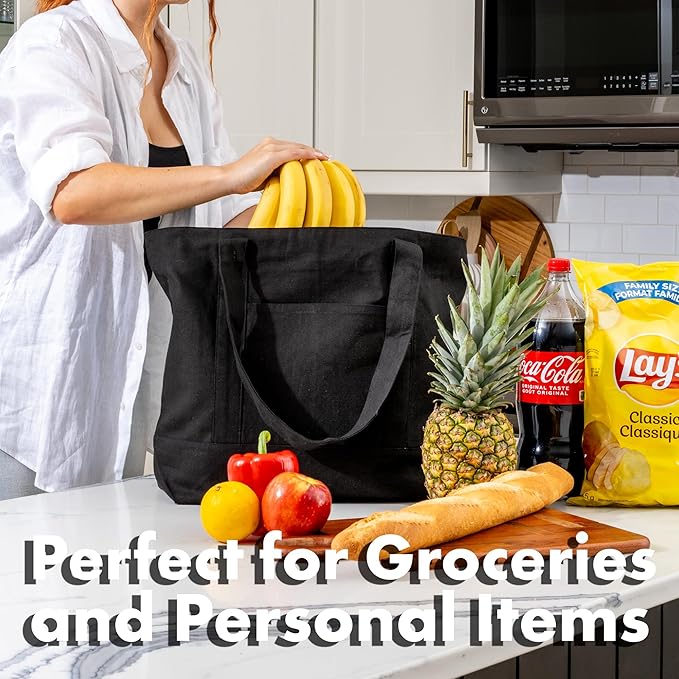 Carrywell |Not Made in China| Cotton Tote Bags, Reusable Grocery Shopping Bag with Zipper Closure and Front Pocket, Heavy Duty Organic Cloth w/Handles