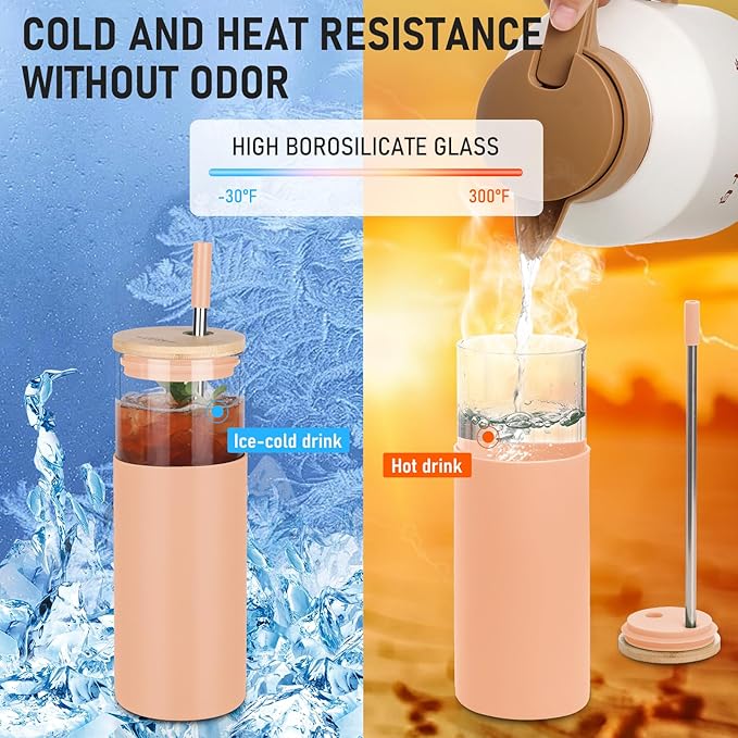 Glass Tumbler w/Lids & Straw - 24oz Reusable Glass Mug/Bamboo Lid & Stainless Steel Straw-BPA-Free,Leak-Proof,Dishwash Safe for Coffee/Smoothies/Hot Beverages, Travel/Office/Home Use,2-pk,Amber