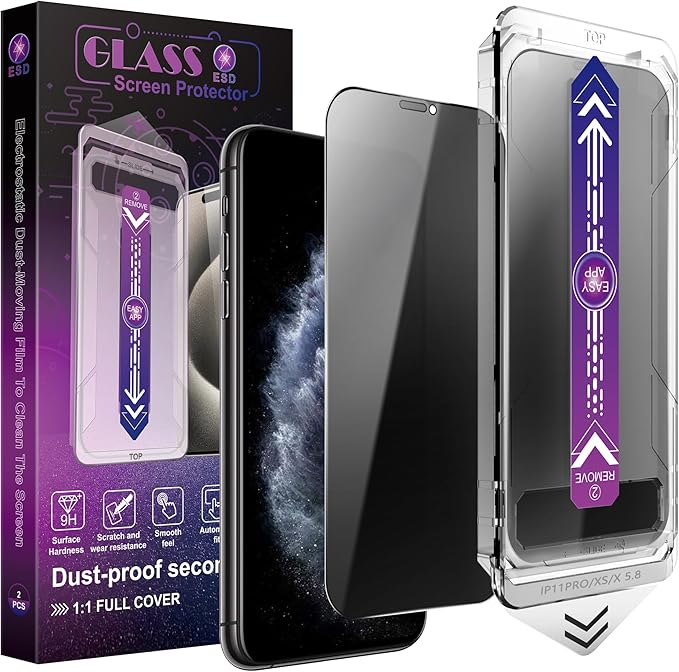 CHISHA 2-Pack Privacy Screen Protector for iPhone 11 Pro and iPhone Xs and iPhone X 5.8-Inch, Auto Dust Removal, No Bubbles,Anti-Spy Tempered Glass Film, Easy Installation
