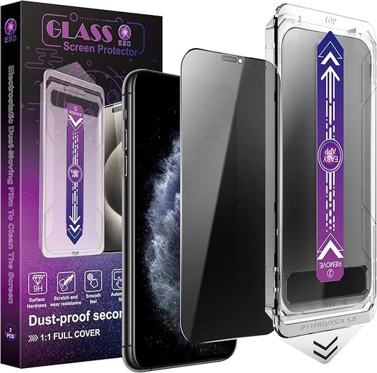 2 Pack Privacy Screen Protector for iPhone X/iPhone XS/iPhone 11 Pro, 9H Tempered Glass, Full Coverage, Anti-Fingerprint, Auto Dust-Elimination, No Bubble, Easy Installation