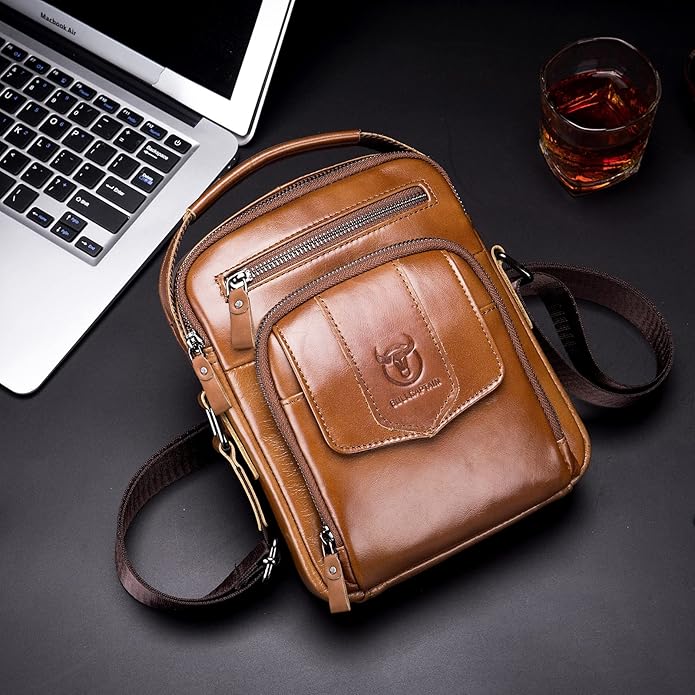 LUKZIJAES Small Genuine Leather Shoulder Bag Men Messenger Handbag Lightweight Sling Crossbody Bag