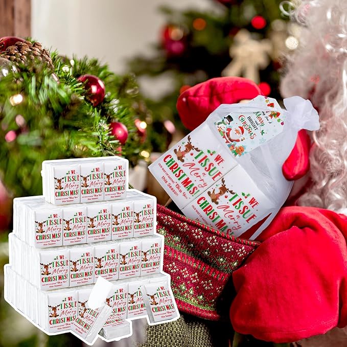 Ctosree 50 Pack Christmas Pocket Tissues Reindeer Travel Packs Bulk 500 Sheet Xmas Small Individual Tissues Pocket Packs 3 Ply Mini Travel Size for School Camping