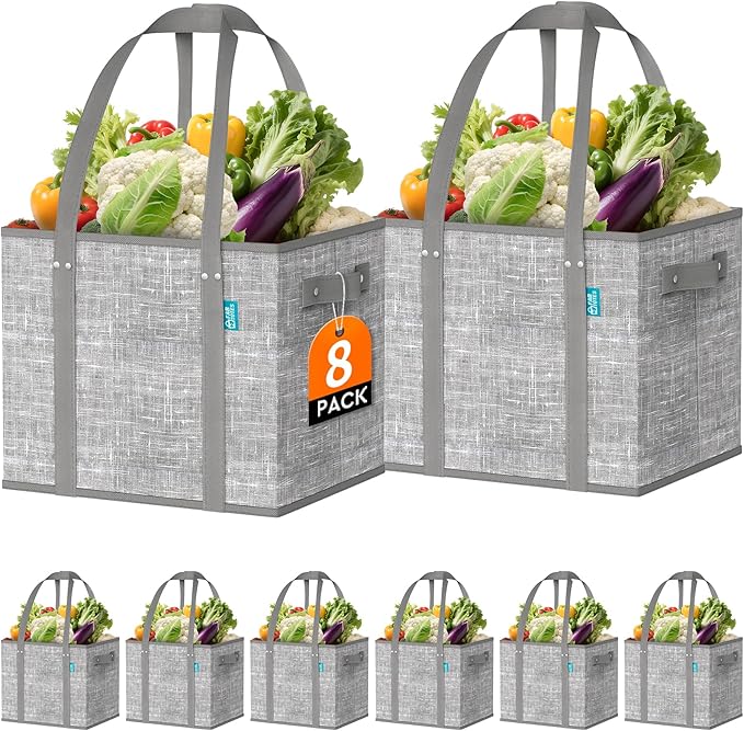 Fab totes Reusable Grocery Bags, Large Foldable Shopping Tote Bags with Reinforced Handles & Hard Bottom,Water Resistant Grocery Bags for kitchen,Picnic,8 Pack, Grey