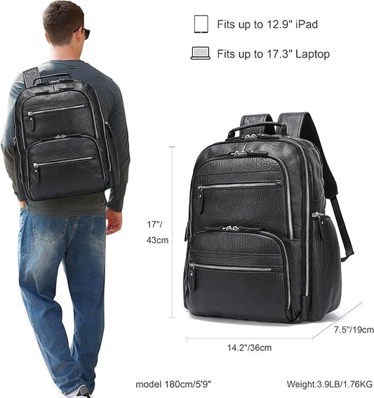 LANNSYNE Men Vinatge Full Grain Leather Backpack Fits 17.3" Laptop, Travel Overnight Daypacks - Black