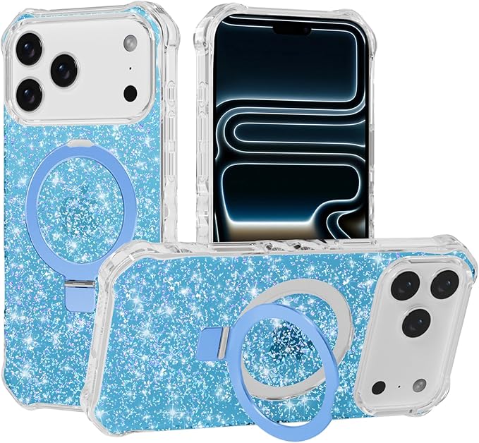 Magnetic for iPhone 17 Pro Case with Invisible Stand, Compatible with MagSafe, Clear Bling Sparkle Shockproof Slim Anti-Slip Military Drop Protection Hard Phone Case 6.3" Glitter Blue