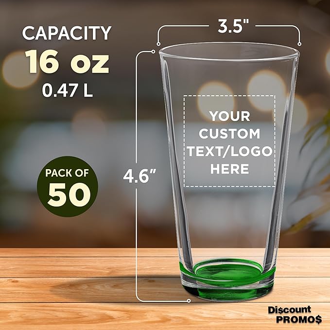 Custom Casale Pint Glass 16 oz. Set of 50, Personalized Bulk Pack - Beer Glasses, Heavy Duty Drinkware - Green