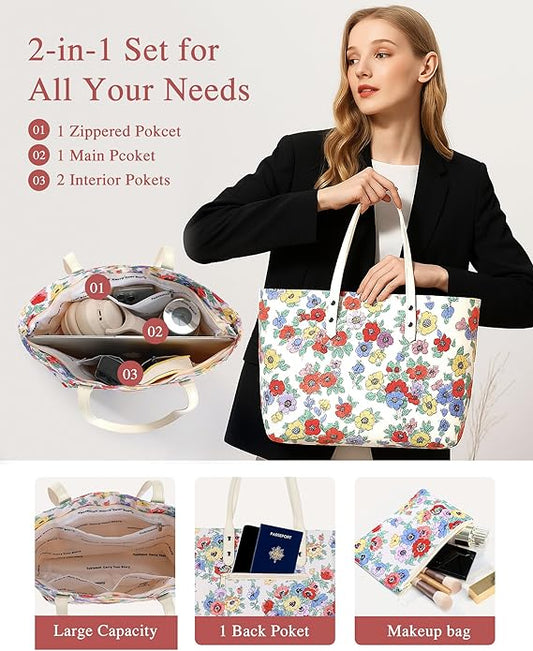 Nylon Tote Bag for Women, Floral 2-in-1 Set with Makeup Bag, Waterproof Large Capacity Shoulder Purse for Travel & Gift