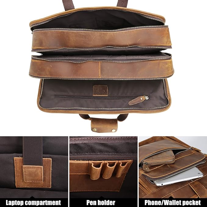 Polare 17'' Full Grain Leather Briefcase Laptop Attache Case Messenger Bag For Men Fits 15.6'' Laptop