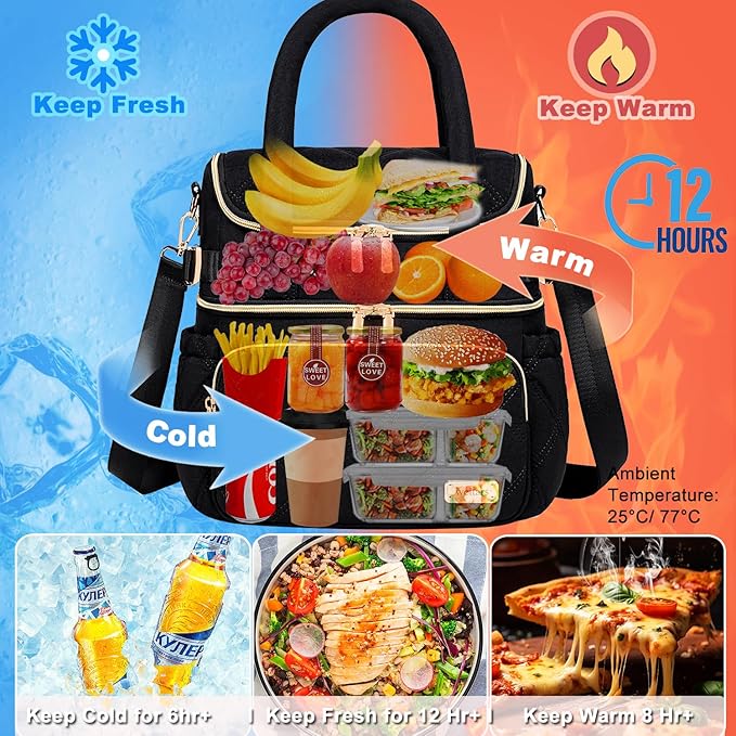 Weitars Lunch Bag for Women Men,Double Deck Lunch Box for Women,Quilted Lunch Tote for Work,Insulated Lunch Cooler Leakproof Lunchbox for Adult with Shoulder Strap &Pockets for Picnic Hiking (Black)