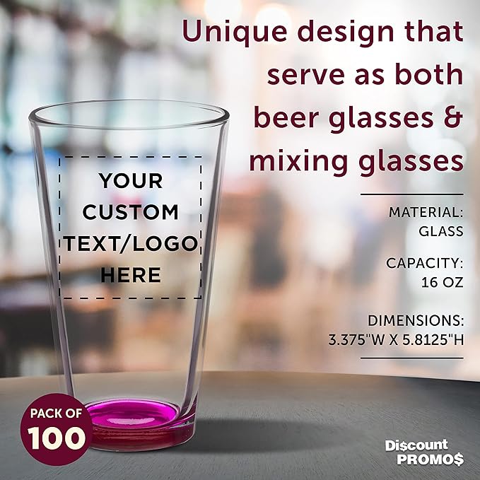 Custom Arc Pint Glass 16 oz. Set of 100, Personalized Bulk Pack - Beer Glasses, Heavy Duty Drinkware - Pink