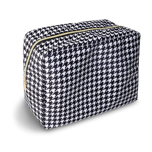 Large Makeup Pouch, Nylon Women Travel Toiletry Storage Houndstooth Cosmetic Bag for Girls, Big Preppy Makeup Organizer Cute Zipper Pouch Skincare Bag for Sport School (Large-Houndstooth)