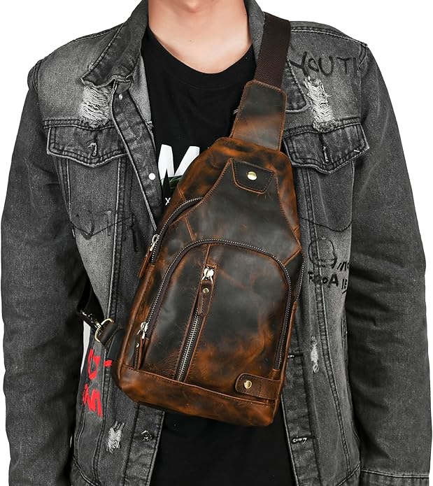 Thick Crazy horse Leather Triangle Crossbody Sling Chest Bag Travel One Shoulder Bag Daypack For Men Male 3028