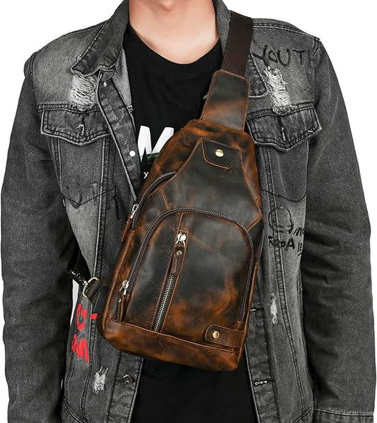 Thick Crazy horse Leather Triangle Crossbody Sling Chest Bag Travel One Shoulder Bag Daypack For Men Male 3028