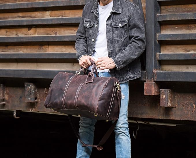Polare 23'' Classic Full Grain Leather Travel Duffel Weekender Bag Overnight Duffle Bag For Men