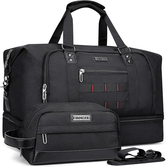 WITZMAN Travel Duffle Bags for Men Weekender Bags with Toiletry Bag Sets Carry On Overnight Bag 55L （B696 Black）