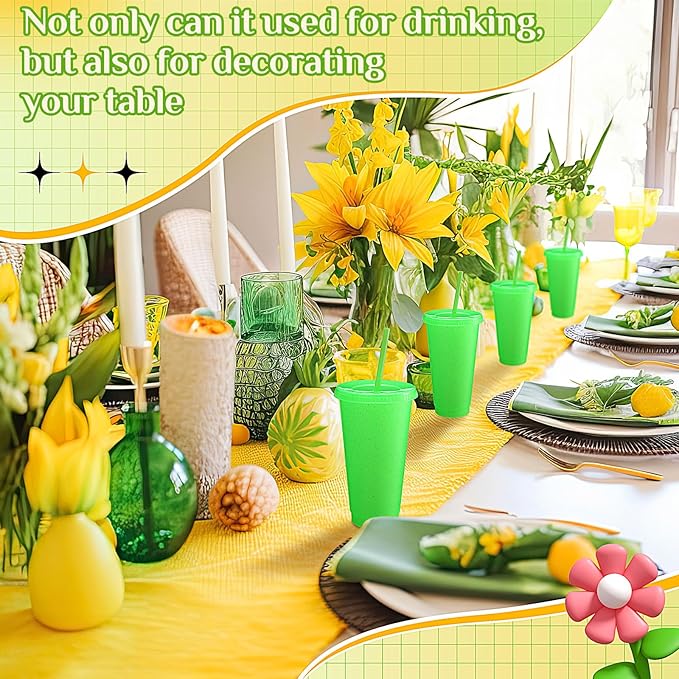 Honeydak 60 Pack Tumbler with Straw and Lid Bulk Glitter Plastic Cups Water Bottle Iced Coffee Travel Mug Reusable Party Favor Cups for Birthdays travel 24-27 oz (Fluorescent Green)