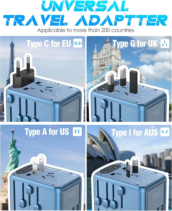 Universal Travel Adapter Offers 6.0A 3X 3.0A USB-C Ports, 2X 2.4A USB-A Ports and Multi AC Outlet, International Power Plug Adapter Worldwide Travel Charger for EU USA UK AUS (Blue)