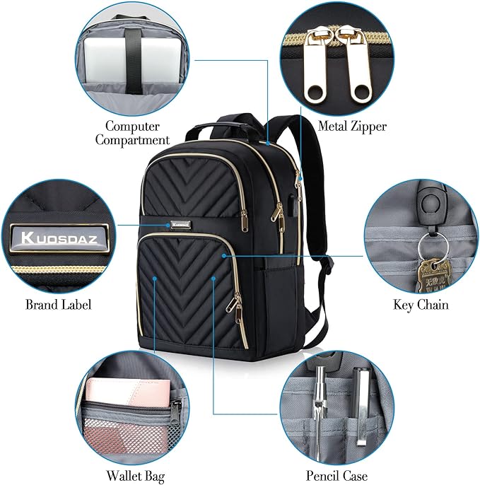 Travel Laptop Backpack, School Backpack for Teen Girls, 15.6 Inch Quilted Work Backpack Purse with USB Charging Port, Large Anti-theft Bookbag for Students, Casual Daypacks for Women,Black
