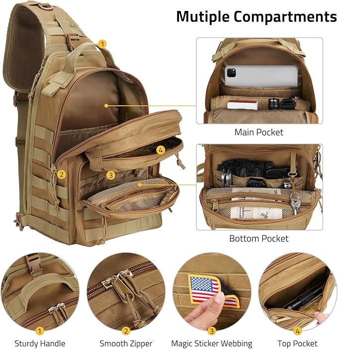 CVLIFE Tactical Sling Bag Backpack for Men Military Shoulder Sling Bag Molle Army Assault Detachable Tactical Bag with Bottle Holder Concealed Carry Daily Day Pack Work Bag for EDC Hiking, Khaki