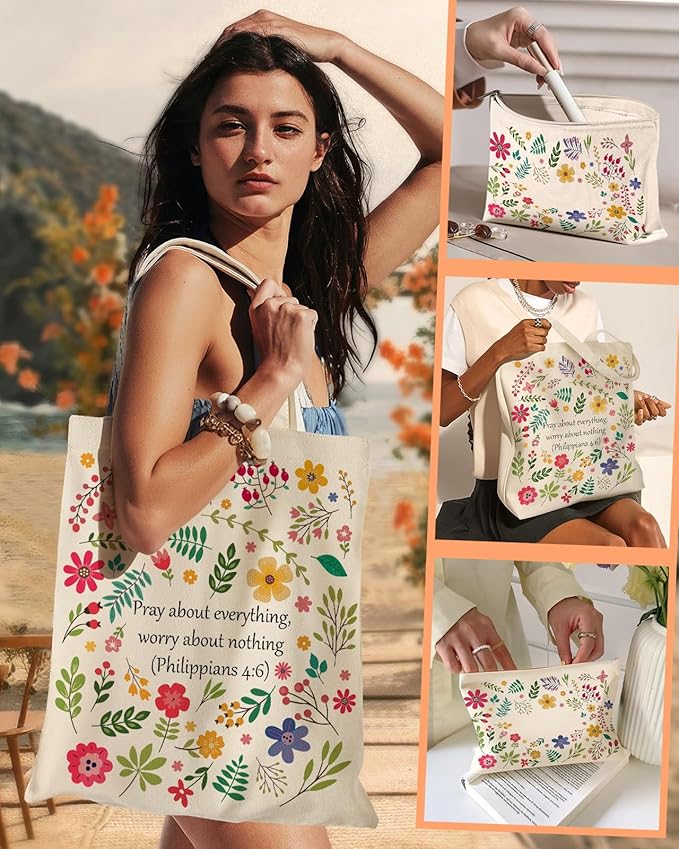 2 Pack Canvas Tote Bag - with Makeup Pouch Aesthetic Cute Women Reusable Canvas Bag for Shopping, Work, Travel