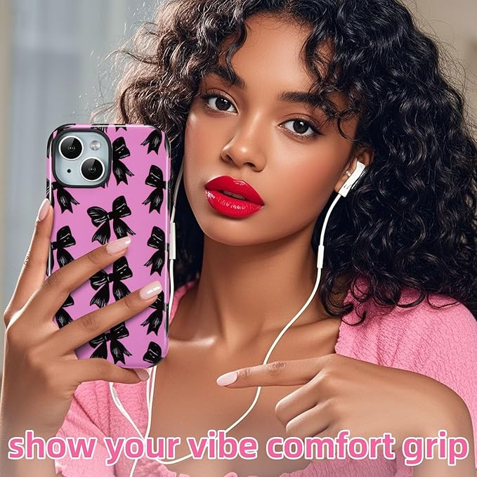 QLTYPRI Case for iPhone 15, Aesthetic Black Ribbon Bow Phone Case for Girls Women, Protective Hybrid 2-Layer Hard Shell Silicone Cover Durable Shockproof Phone Cover - Rose Red