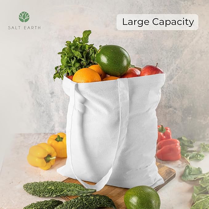 Salt Earth Pack of 5 | 6 | 12 | 24 | 48 – 100% Cotton Reusable Tote Bags – Bulk Grocery, Shopping, DIY, Beach & Gift Use