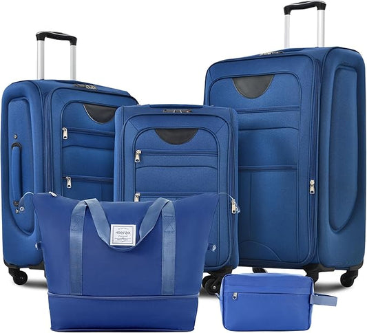 Merax Softside Luggage Set Softshell Lightweight 3 Piece Spinner Suitcase with Duffel Bag Expandable Upright Travel Luggage 22" 26" 30",Navy Blue