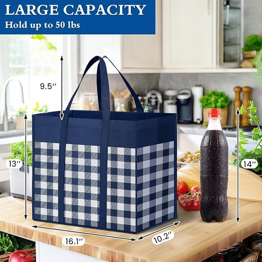 WISELIFE Reusable Grocery Shopping Bags 10 Pack Large Foldable Tote Bags Bulk, Long Handle for Shopping Groceries Clothes (Plaid A)