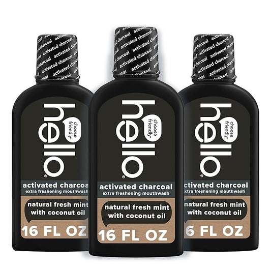 Hello Activated Charcoal Extra Freshening Mouthwash, Natural Fresh Mint and Coconut Oil, Fluoride Free, Alcohol Free, Vegan, SLS Free and Gluten Free, 16 Fl Oz (Pack of 3)