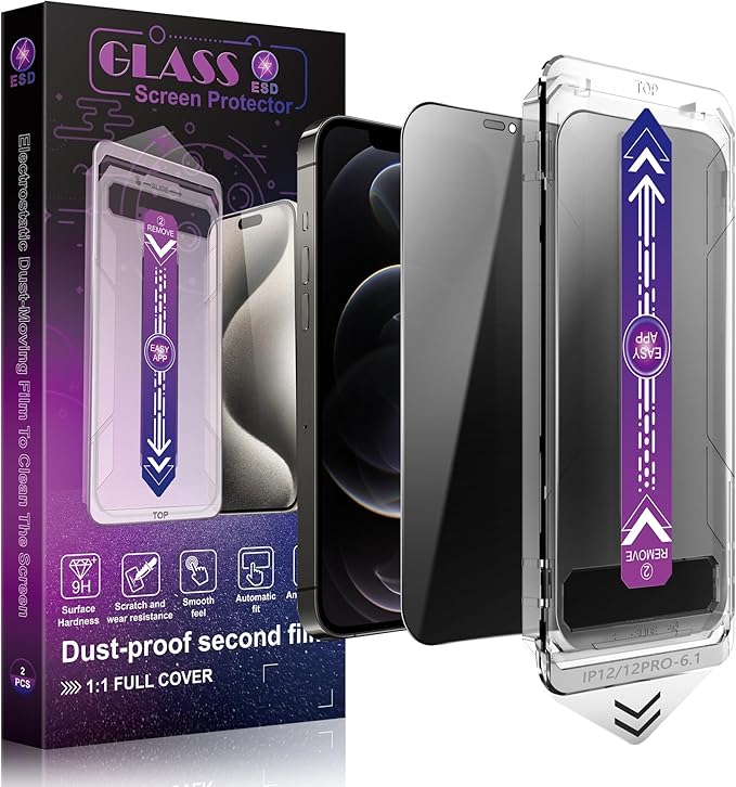 2 Pack Privacy Screen Protector for iPhone 12 Pro and iPhon 12 6.1-Inch Auto Dust Removal, No Bubbles,Anti-Spy Tempered Glass Film, Easy Installation