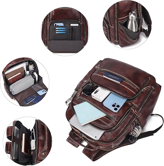 Vintage Full Grain Leather Backpack For Men, 17.3'' Laptop Bag Causal Rucksack Shoulder Bag Overnight For Business/Hiking/Travel