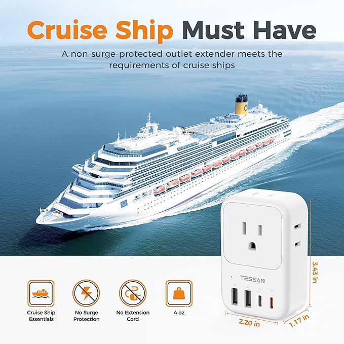 USB C Charger Block 20W PD, TESSAN Foldable Wall Charger with 4 USB Ports and 4 AC Outlet Extender, Multi Charging Station for Cruise, Home, Office, Dorm Room Essentials, White