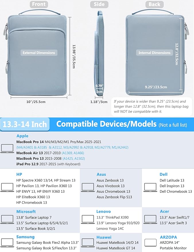 HYZUO 13.3-14 Inch Laptop Bag Sleeve for MacBook Pro 14 M4 M3 M2 M1, MacBook Air/Pro 13.3, 13.8"/13.5" Surface Laptop/Book, Notebook Case for 13" Dell Lenovo ThinkPad HP Asus Acer, Pale Blue