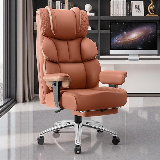 Office Desk Chair, Big and Tall Leather Gaming Chair with Footrest, Wide Ergonomic Comfy Executive High-Back Reclining Computer Chairs, Swivel Rolling Wheels and Padded Lumbar Support, Brown