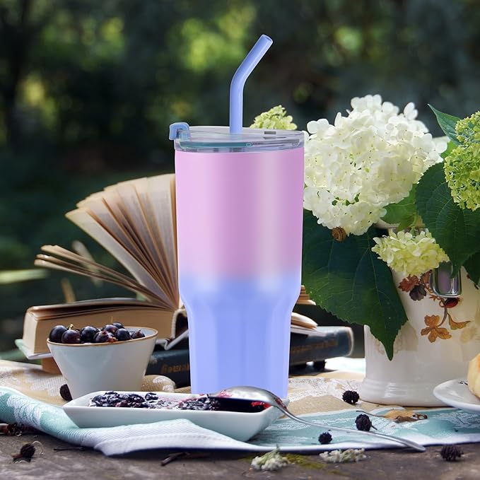 VEGOND 30 oz Insulated Stainless Steel Tumblers with lid and straw Bulk Pack Coffee Mug with Non-Slip Silicone Base, Sweat Proof Powder Coated Cup for Hot Cold Drinks, Blue and Purple 8Pack