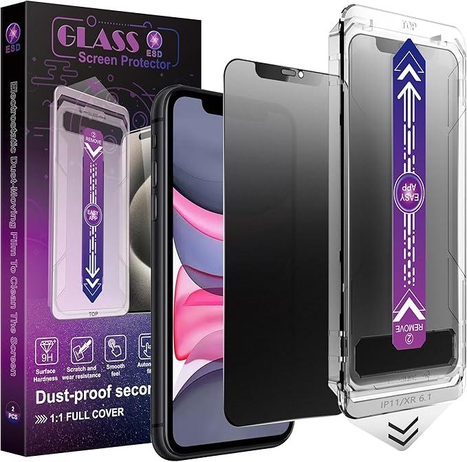 2 Pack Matte Privacy Screen Protector for iPhone 11 / iPhone XR, 9H Tempered Glass, Full Coverage, Anti-Fingerprint, Auto Dust-Elimination, No Bubble, Easy Installation