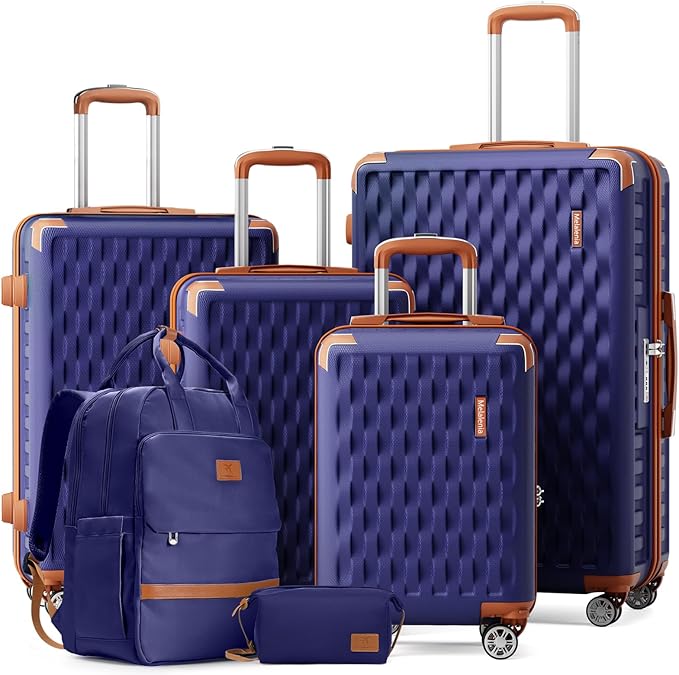 Melalenia Suitcase Sets 6 Piece Hard Shell Carry on Luggage with Spinner Wheels and TSA Lock, Lightweight Travel Backpack for Women, Men, Navy Brown