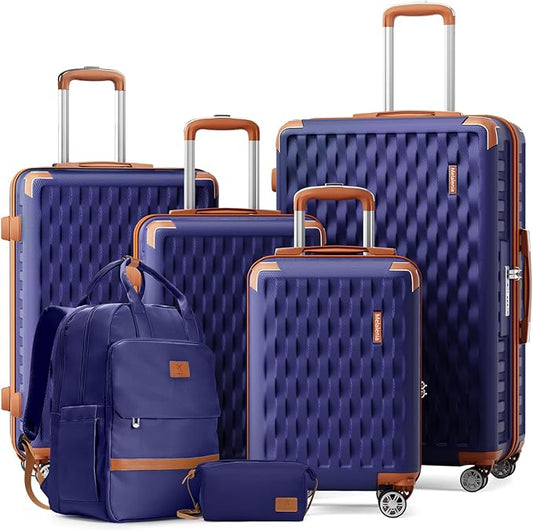 Melalenia Suitcase Sets 6 Piece Hard Shell Carry on Luggage with Spinner Wheels and TSA Lock, Lightweight Travel Backpack for Women, Men, Navy Brown