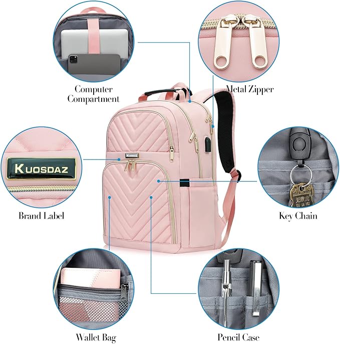 Laptop Backpack for Women, Large School Backpacks for Girls,17.3 Inch Fashion Quilted College Bookbags with USB Charger, Pink Womens Travel Backpack