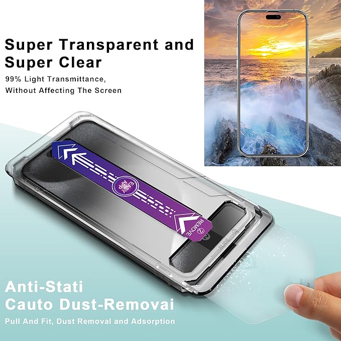 2 Pack Screen Protector Tempered Glass for iPhone 15 Pro 6.1-Inch Auto Dust Removal, No Bubbles, High Definition Clear, Easy Installation