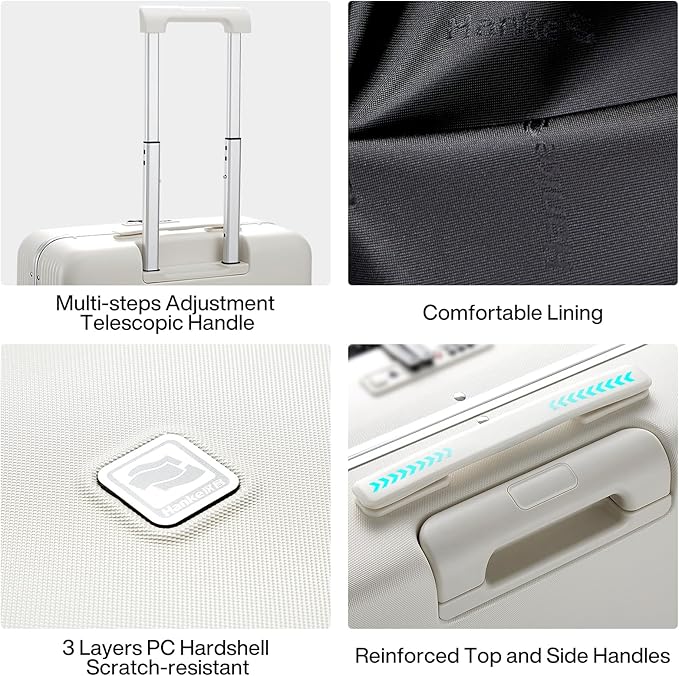Hanke Grace Hard Shell Suitcases with Wheels,20 Inch Carry On Luggage Airline Approved with Aluminum Frame, Travel suitcase with Front Pocket Travel Luggage for Short Business Trips, Smoke White.